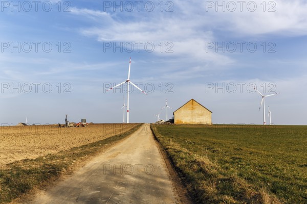 Barn in a meadow, field, wind turbine, Willebadessen, Höxter, Teutoburg Forest Eggegebirge nature park Park, Germany, Europe