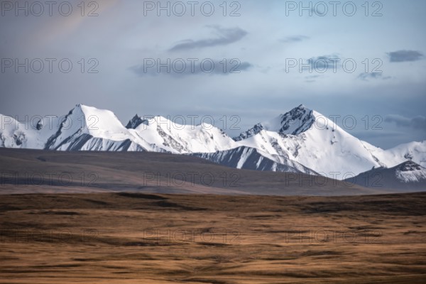 Glaciated and snow-capped mountains, dramatic landscape, high plateau, autumnal mountain landscape with yellow grass, Tian Shan, Sky Mountains, Sary Jaz Valley, Kyrgyzstan, Asia