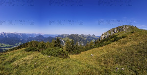 View from the summit of the Einberg into the Osterhorn group, Salzkammergut, Salzburg province, Austria, Europe