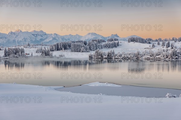 Dawn and sunrise at the wintry Forggensee in a snow-covered winter landscape in the foothills of the Alps in the Allgäu in Bavaria, Germany, Europe
