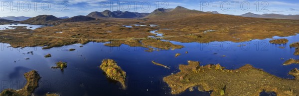 Moorland, lake, islands, morning light, sunny, autumn, road, aerial view, panorama, Lochan na h-Achlaise, Scottish Highlands, Scotland, Great Britain