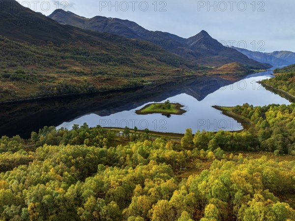 Fjord, coast, mountain landscape, reflection, island, autumn, autumn colours, aerial view, Loch Leven, Scotland, Great Britain