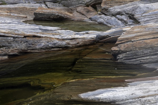 Rocks, rock structures, Verzasca River, near Lavertezzo, Verzasca Valley, Valle Verzasca, Canton Ticino, Switzerland, Europe