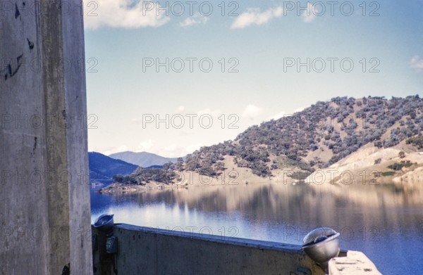 Dam and reservoir, probably Lake Eildon, Victoria, Australia 1956