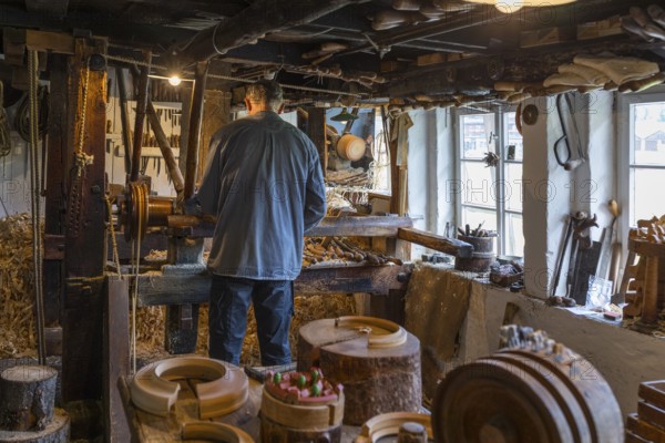 In the tyre turner's show workshop in the Seiffen Open-Air Museum, Erzgebirge, Saxony, Germany, Europe