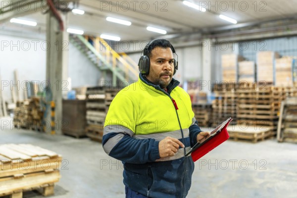 Carpenter using digital tablet working in a recycling plant full of pallets to reuse