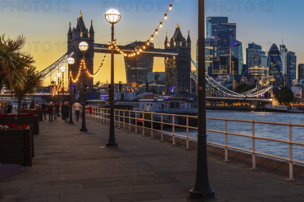 View of Tower Bridge and the London skyline from Butlers Wharf, England, Great Britain, London, South England, United Kingdom, Europe