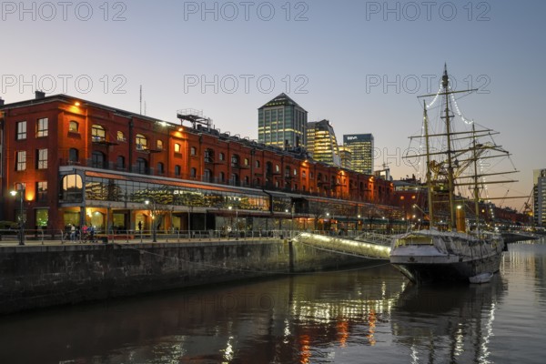 Museum ship ARA Uruguay in the harbour district of Puerto Madero in the evening, Buenos Aires, Argentina, South America