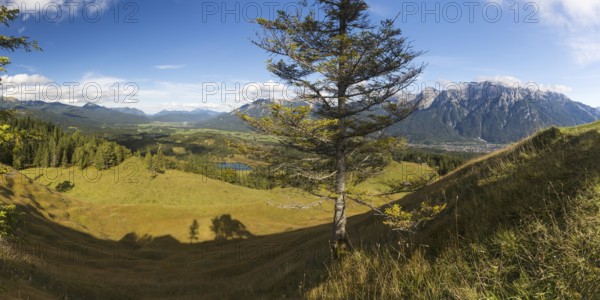 Panorama from the Hoher Kranzberg, 1397m on the Wildensee, the hummock meadows between Mittenwald and Krün and the Karwendel Mountains, Werdenfelser Land, Upper Bavaria, Bavaria, Germany, Europe