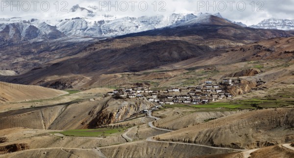 Panorama of Kibber village in Himalayas. Spiti Valley. Himachal Pradesh, India, Asia