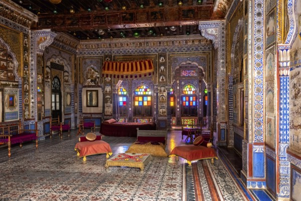 Takhat Vilas (Maharaja Takhat Singh's Chamber) decorated room in Mehrangarh fort. Jodhpur, Rajasthan, India, Asia