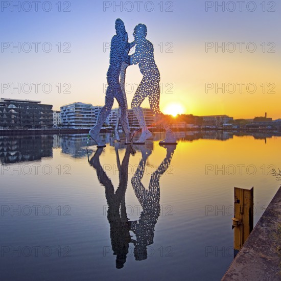 Molecule Man, monumental artwork in the Spree at sunrise, artist Jonathan Borofsky, Berlin, Germany, Europe
