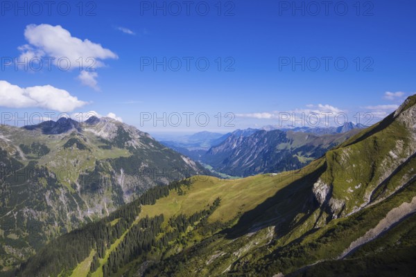View from the Rappensee Hut into the Stillachtal valley as far as Oberstdorf, Allgäu Alps, Allgäu, Bavaria, Germany, Europe