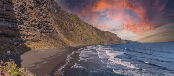 Panoramic from above of the Nogales beach in the east of the island of La Palma at sunset, Canary Islands. Spain