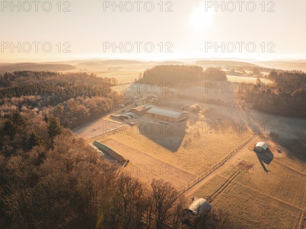 Aerial view of a farm surrounded by fields in the soft morning light, Gechingen district of Calw, Black Forest, Germany, Europe