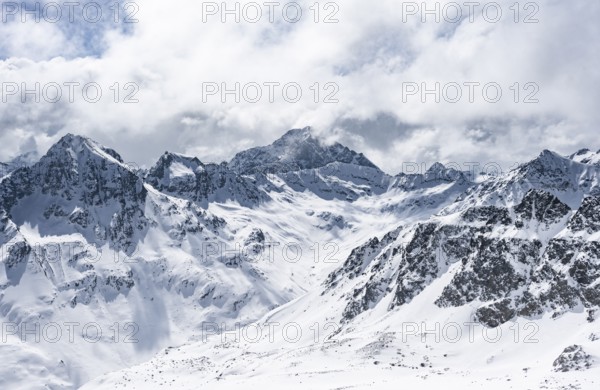 View at the summit of Piz Laviner, mountain panorama in winter, mountain landscape with mountain peaks Piz Bever and Piz Julier, Grisons Haute Route, Albula Alps, Rhaetian Alps, Grisons, Eastern Switzerland, Switzerland, Europe