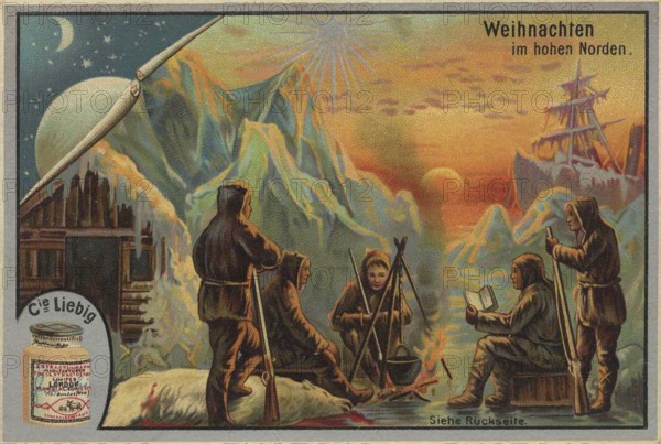Picture series famous Christmas, in the far north, Liebig picture, digitally restored reproduction of a collector's picture from around 1900, public domain, exact date unknown, Eskimo family celebrating Christmas with campfire in the icy landscape of the far north