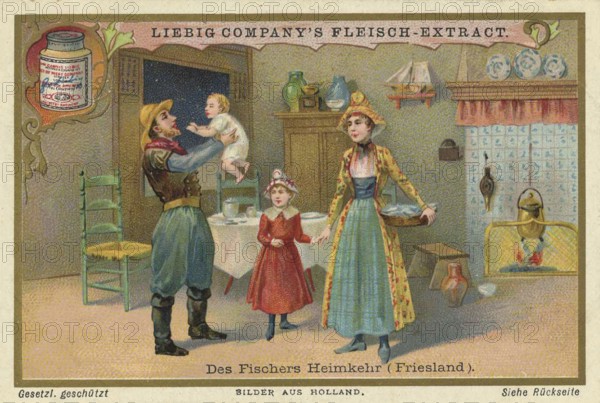 Picture series Pictures from Holland, Homecoming of the Fisherman in Friesland, Liebig picture, digitally restored reproduction of a collector's picture from around 1900, public domain, exact date unknown, A family in traditional dress welcomes the father home. A child is held in the arms