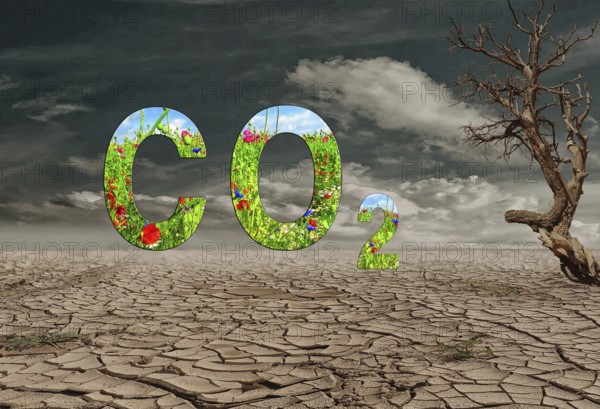 Symbolic image, carbon dioxide CO2, climate protection, climate change, world worth living in, nature conservation, biodiversity, species extinction, industrial emissions, ecosystem diversity, drought, heat, crop failures, drought disasters, famine worldwide, water shortages, floods, heat records, melting ice, desertification