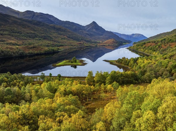 Fjord, coast, mountain landscape, reflection, island, autumn, autumn colours, aerial view, Loch Leven, Scotland, Great Britain
