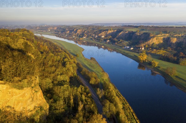 Aerial view of the Elbe valley between Meißen and Zehren in autumn, Meißen, Saxony, Germany, Europe