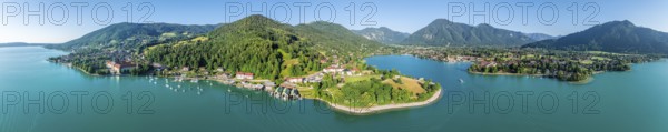 Panorama, Ferry on the lake, Rottach-Egern and Wallberg, Tegernsee, Aerial view, Tegernsee, Bavaria, Germany, Europe