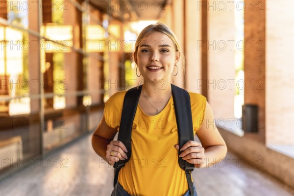 Portrait of blonde university student smiling at camera standing on the campus