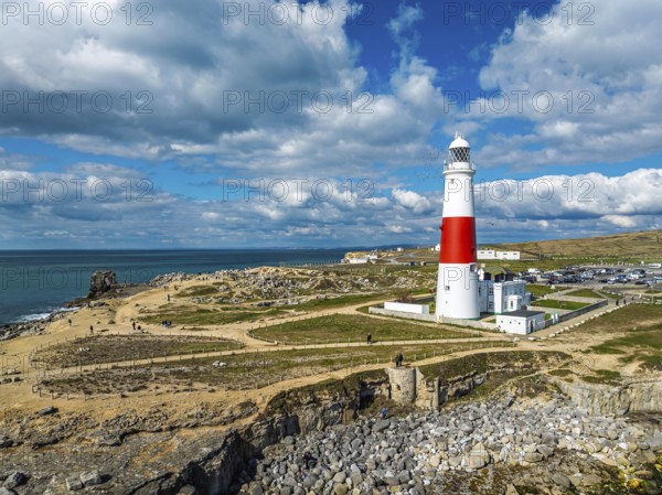 Portland Bill Lighthouse from a drone, Portland Bill, Isle of Portland, Dorset, England, United Kingdom, Europe