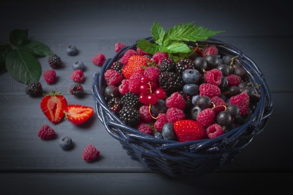 Mix of fresh berries, in a basket, on a wooden gray table, no people, top view