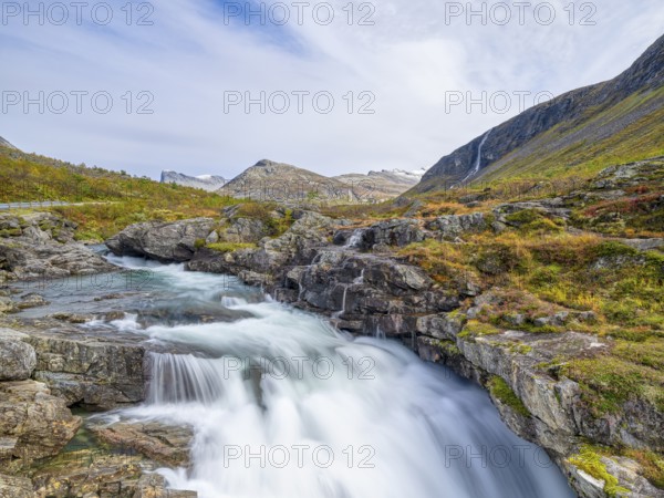 View of Valldalen valley and Reinheimen National Park, long exposure, autumn, mountains, Valldøla river, Møre og Romsdal, Norway, Europe