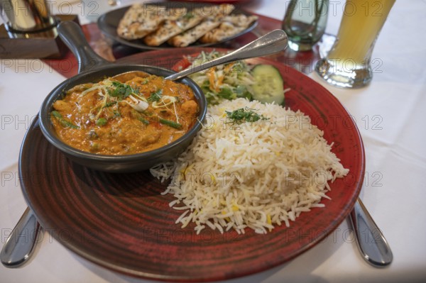 Mango Chicken, chicken in fresh mango-saffron cashew nut almond sauce and served with rice in an Indian restaurant, Bavaria, Germany, Europe
