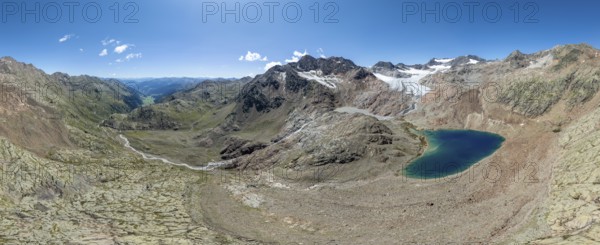 Panorama with mountain lake, glacier lake at Übeltalferner, aerial view, Stubai Alps, South Tyrol, Italy, Europe