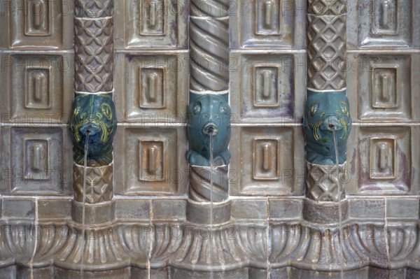 Art Nouveau ceramic fountain made of majolica tiles in the fountain house, detail, Kissingen spa, inaugurated in 1842, replaced by a new building in 1911, Bad Kissingen, Lower Franconia, Bavaria, Germany, Europe