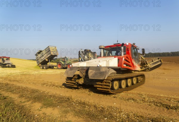 Piston Bully tracked bulldozer vehicles building silage clamp of sweetcorn maize in field stored for biofuel, Alderton, Suffolk, England, UK