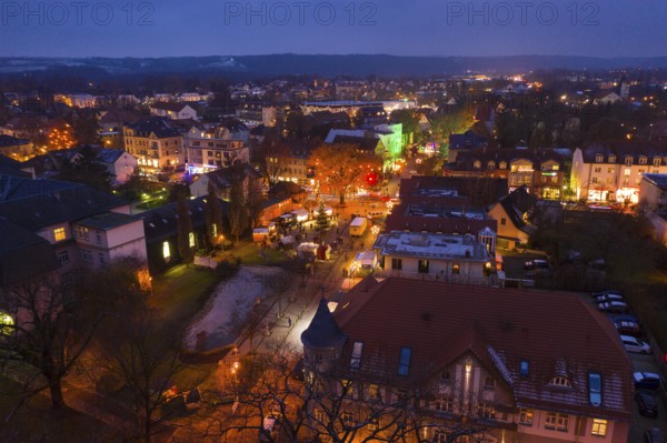 Aerial view of the Christmas market on Wettinplatz, Coswig, Saxony, Germany, Europe