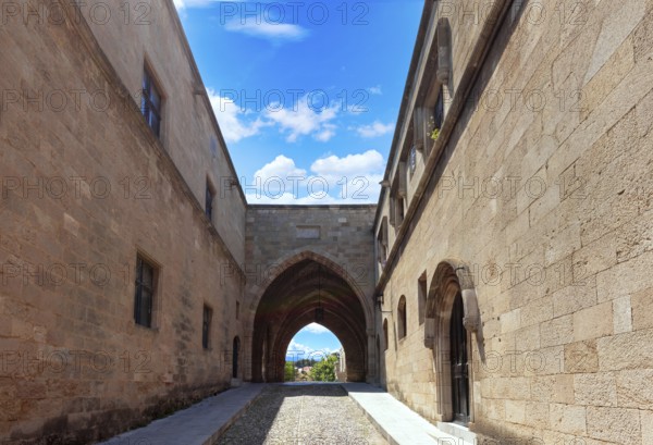 Greece travel destination, colorful streets of Rhodes island in historic city center of Fira