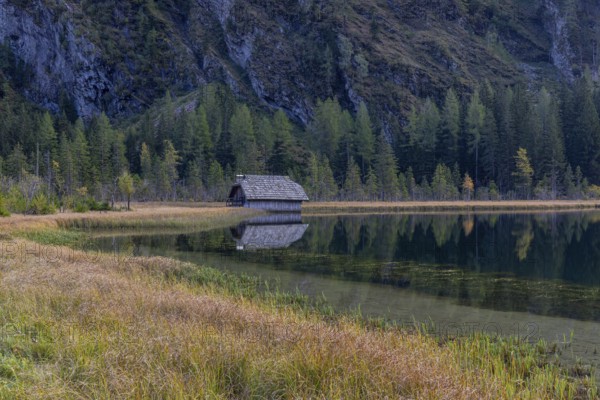 Boatshelter at Lake Stappitz in first morning light, Seebach valley, Mallnitz, Carinthia, Austria, Europe