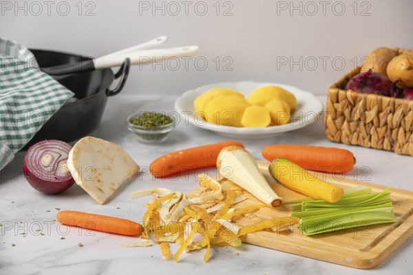 Peeled and chopped soup vegetables and potatoes, prepared for cooking
