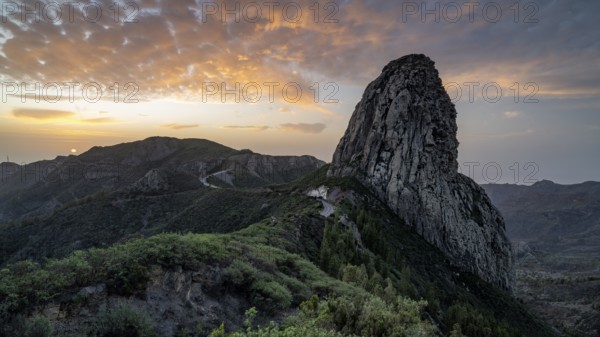 Roque de Agando rock tower at sunrise, Monumento Natural de los Roques, La Gomera, Canary Islands, Spain, Europe