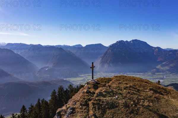 Drone image, summit cross with view of the Hoher Göll, Schwarzer Berg, Golling, Osterhorngruppe, Salzburg province, Austria, Europe