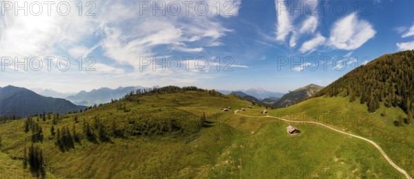 Drone shot, alpine hut on the Alpbichlalm, Osterhorn group, Salzkammergut, Salzburg province, Austria, Europe