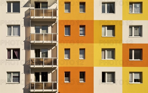 Geometrically and colourfully designed apartment buildings of a housing association, Halberstadt, Saxony-Anhalt, Germany, Europe