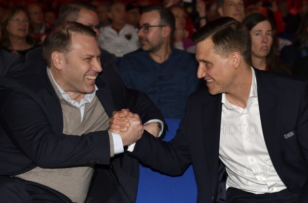 Member of the Executive Committee Stefan Jung VfB Stuttgart (left) and Member of the Executive Committee Andreas Grupp VfB Stuttgart (right) Cheers, joy, emotion, emotional, jubilation at winning election to the Executive Committee Gesture Gesture shake hands General Meeting VfB Stuttgart 2025, Hanns-Martin-Schleyer-Halle, Stuttgart, Baden-Württemberg, Germany, Europe