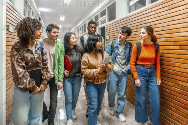 Group of diverse university students walking down school hallway, discussing and collaborating on their way to class