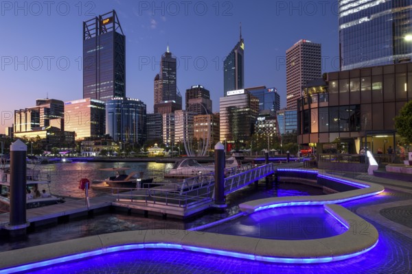 Skyline at Elisabeth Quay, blue hour, blue hour, harbour, Perth, State of Western Australia, Australia, Oceania