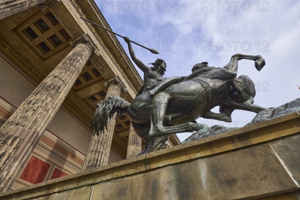 Equestrian statue against cloudy sky and Altes Museum, Berlin, capital, independent city, federal state Berlin, Germany, Europe