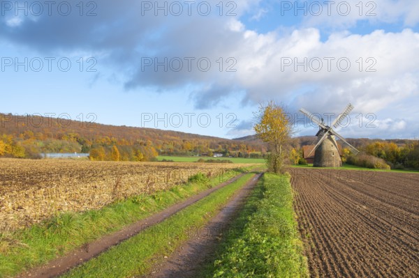 View of the Eisbergen windmill or Röckemann's mill, Porta Westfalica, Minden Lübbecke district, Weserbergland, North Rhine-Westphalia, Germany, Europe