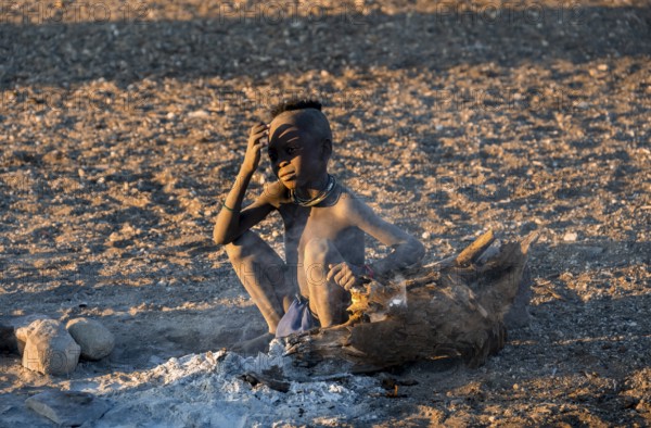Himba child, by the fire in the morning light, traditional Himba village, Kaokoveld, Kunene, Namibia, Africa