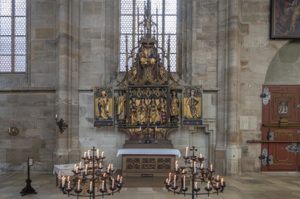 Trinity altar from 1470 in the late Gothic hall church of St George, Dinkelsbühl, Bavaria, Germany, Europe