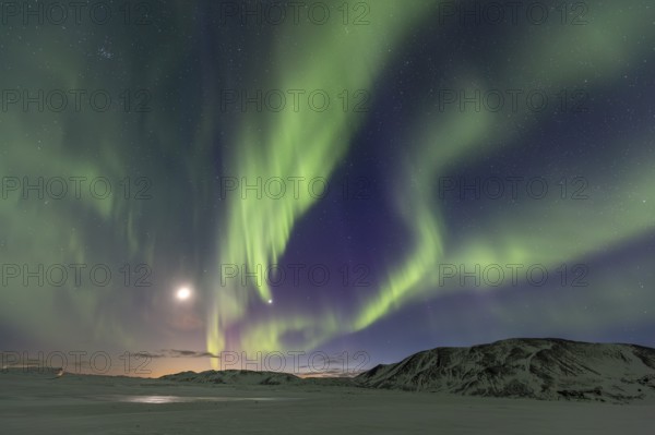 Green northern lights, aurora borealis over snowy mountains, volcanic, winter, moon, Laugarvatn, Iceland, Europe